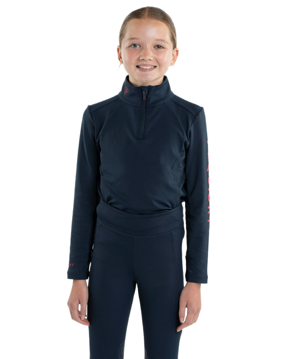Navy Raspberry Coloured Equidry Childrens Water Repellent Base Layer on white background 