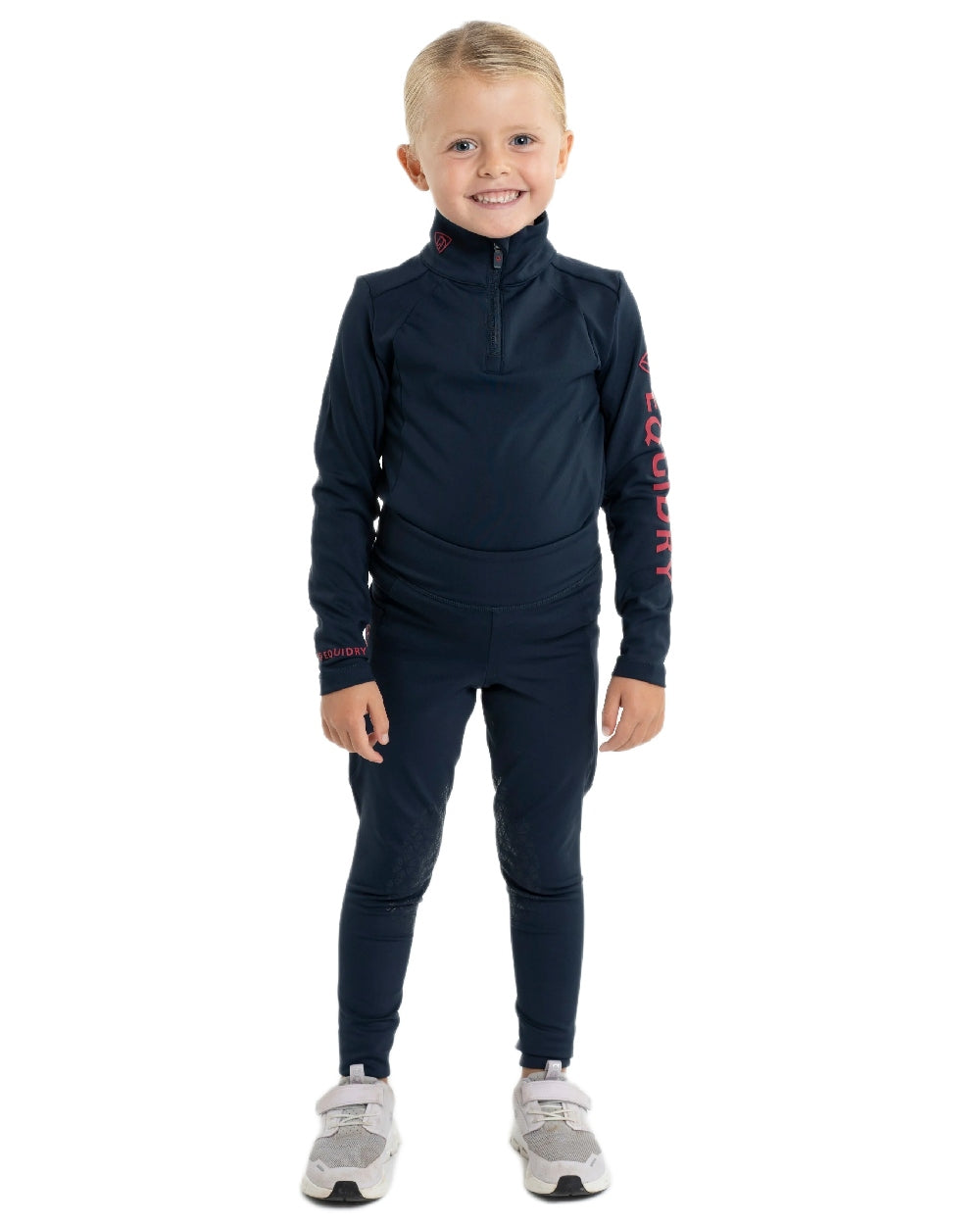 Navy Raspberry Coloured Equidry Childrens Water Repellent Base Layer on white background 