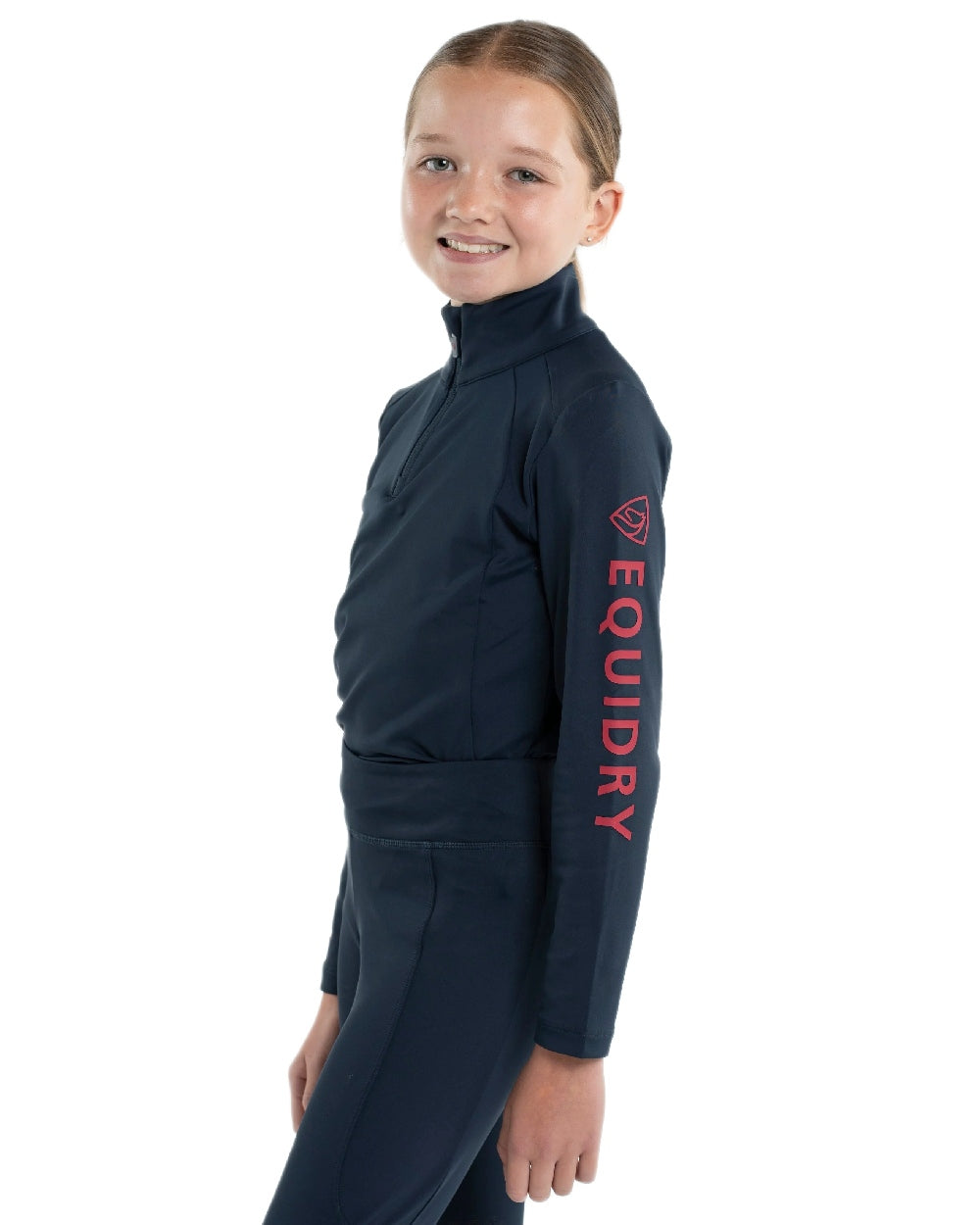 Navy Raspberry Coloured Equidry Childrens Water Repellent Base Layer on white background 