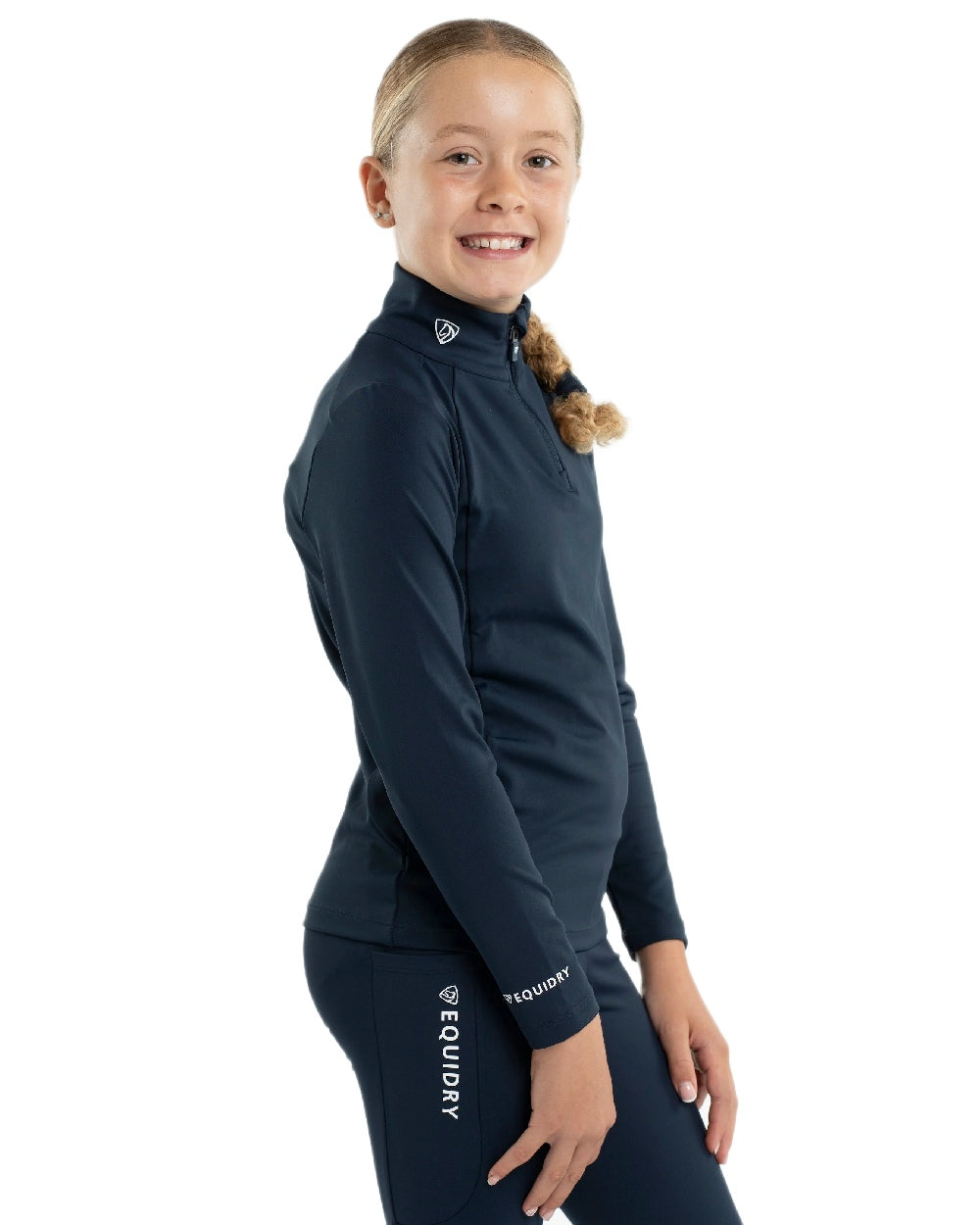Navy White Coloured Equidry Childrens Water Repellent Base Layer on white background 