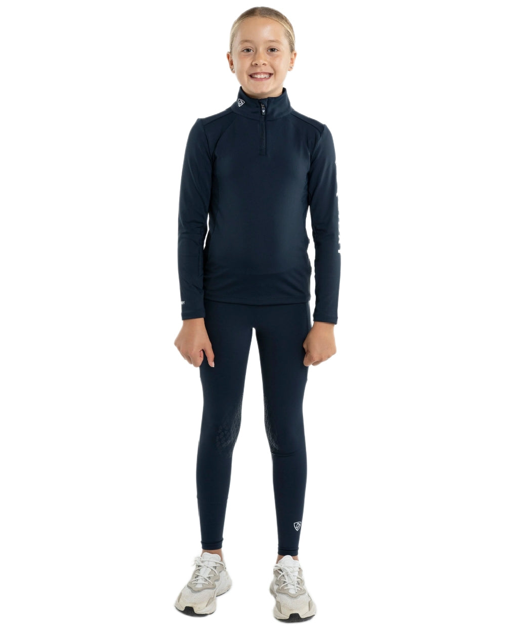 Navy White Coloured Equidry Childrens Water Repellent Base Layer on white background 