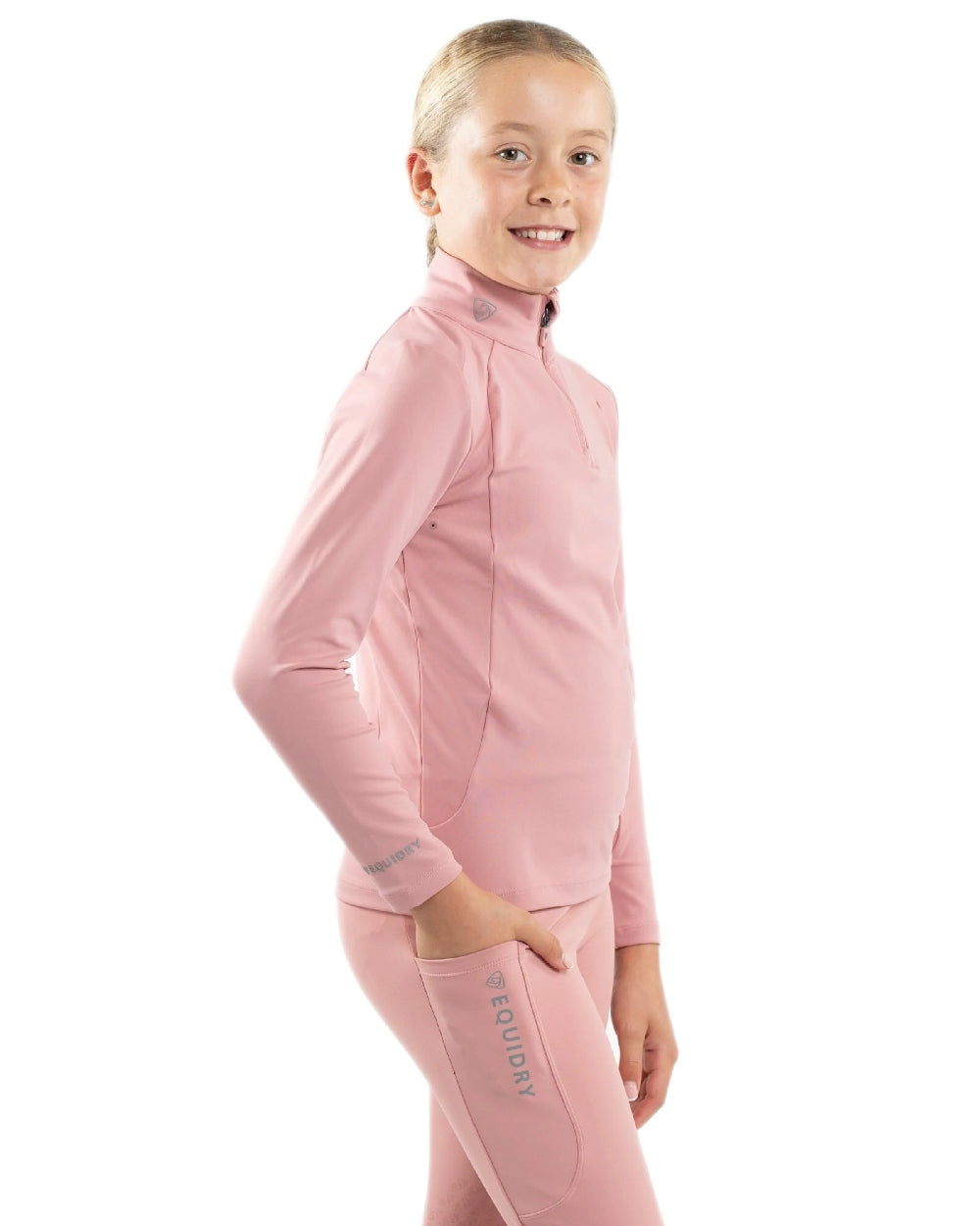 Pale Pink Grey Coloured Equidry Childrens Water Repellent Base Layer on white background 