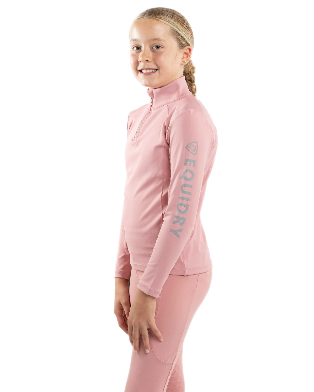 Pale Pink Grey Coloured Equidry Childrens Water Repellent Base Layer on white background 
