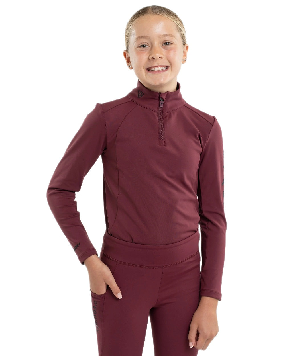 Plum Black Coloured Equidry Childrens Water Repellent Base Layer on white background 