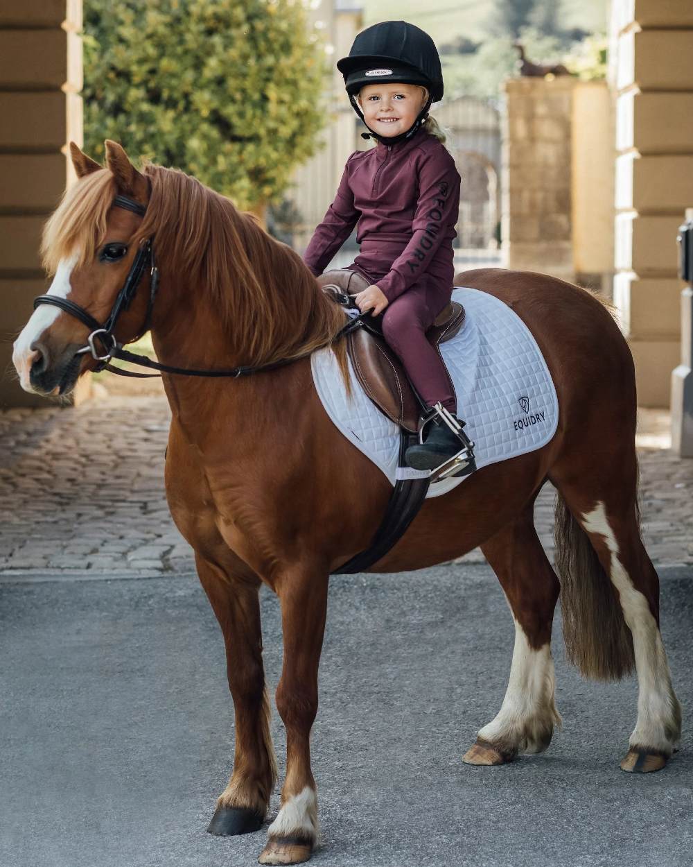 Plum Black Coloured Equidry Childrens Water Repellent Base Layer on white background 