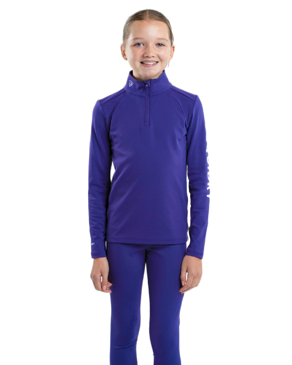 Purple White Coloured Equidry Childrens Water Repellent Base Layer on white background 