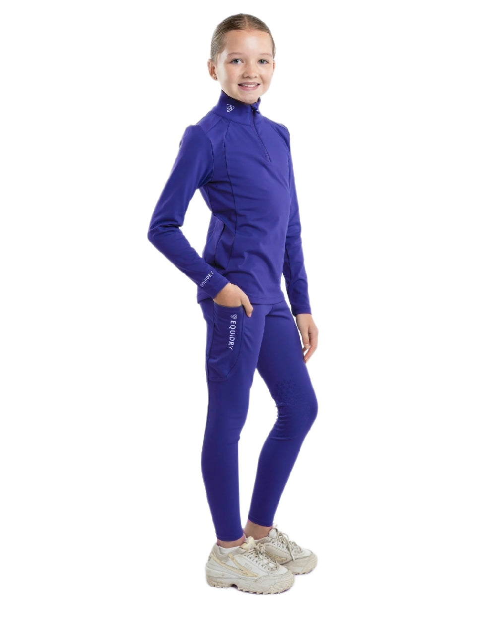 Purple White Coloured Equidry Childrens Water Repellent Base Layer on white background 