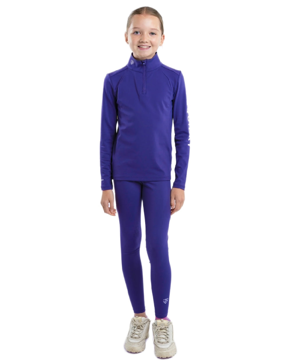 Purple White Coloured Equidry Childrens Water Repellent Base Layer on white background 