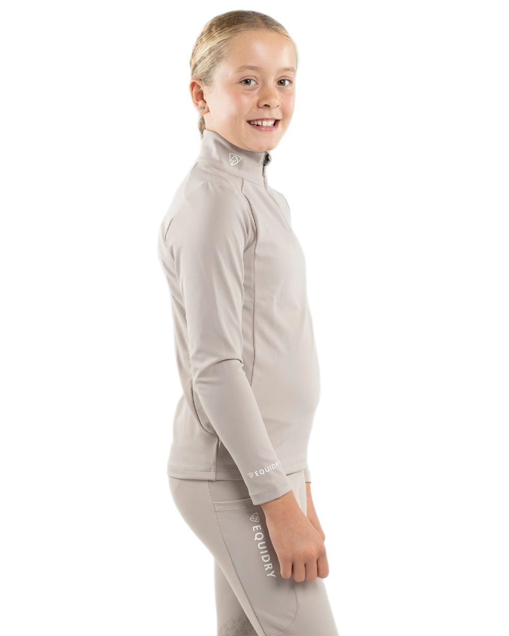 Sand White Coloured Equidry Childrens Water Repellent Base Layer on white background 