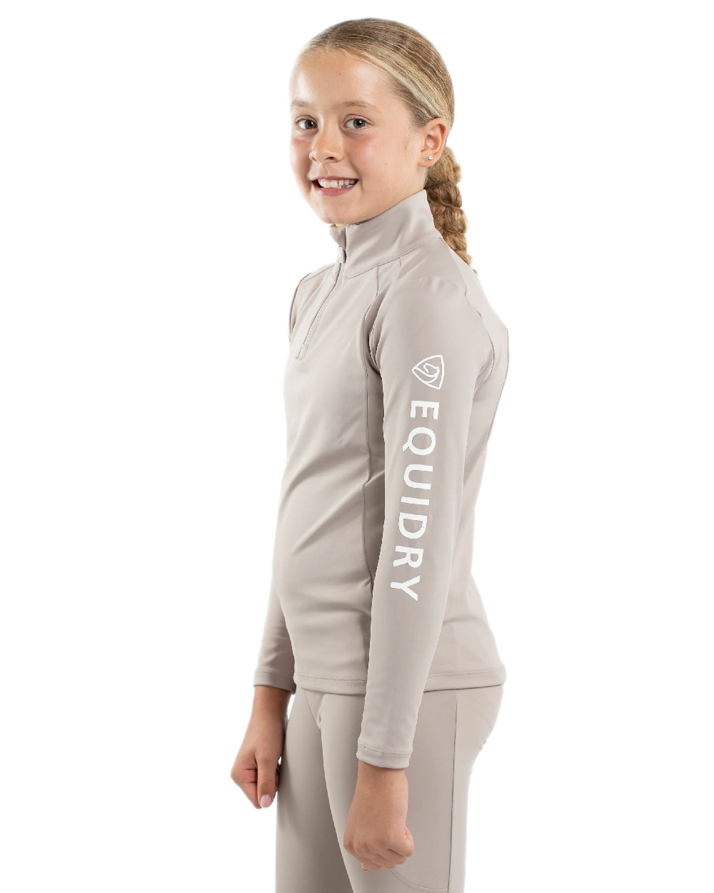 Sand White Coloured Equidry Childrens Water Repellent Base Layer on white background 