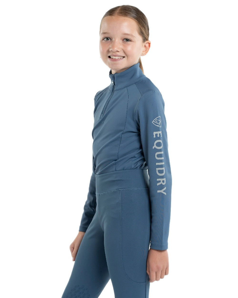 Steel Blue Grey Coloured Equidry Childrens Water Repellent Base Layer on white background 