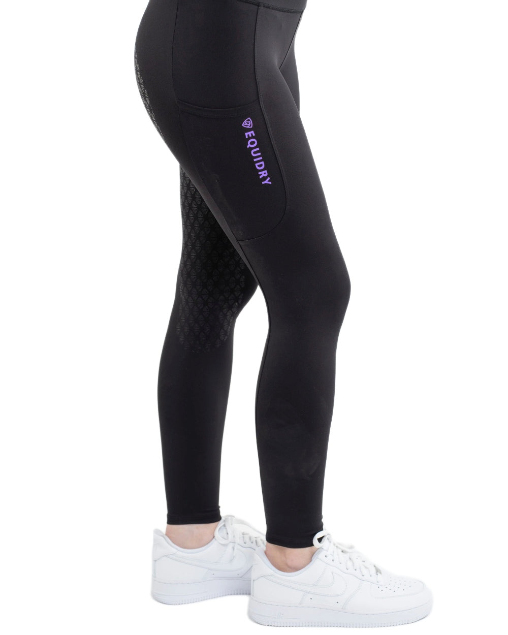 Black Lilac Coloured Equidry Childrens Water Repellent Full Seat Leggings on white background 