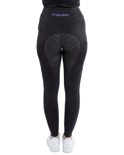 Black Lilac Coloured Equidry Childrens Water Repellent Full Seat Leggings on white background 