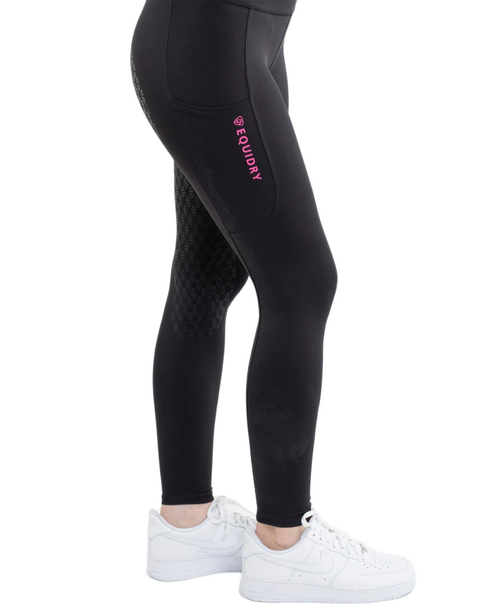Black Pink Coloured Equidry Childrens Water Repellent Full Seat Leggings on white background 