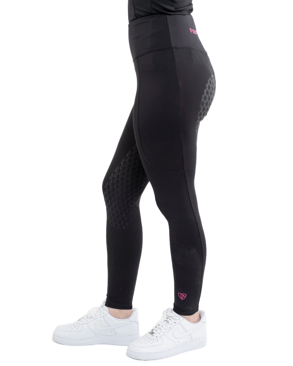 Black Pink Coloured Equidry Childrens Water Repellent Full Seat Leggings on white background 