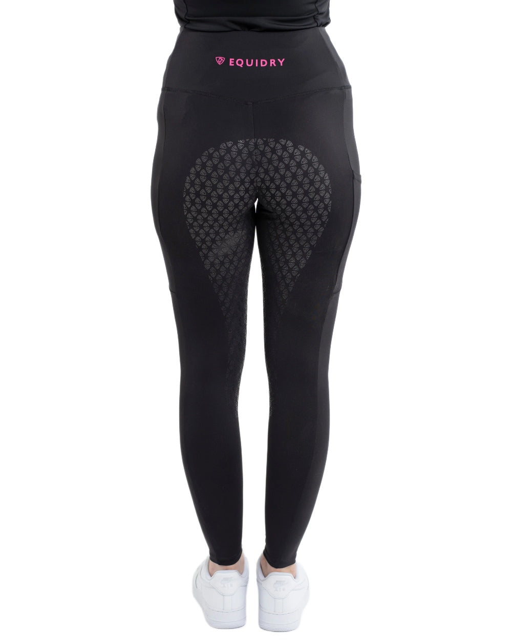 Black Pink Coloured Equidry Childrens Water Repellent Full Seat Leggings on white background 