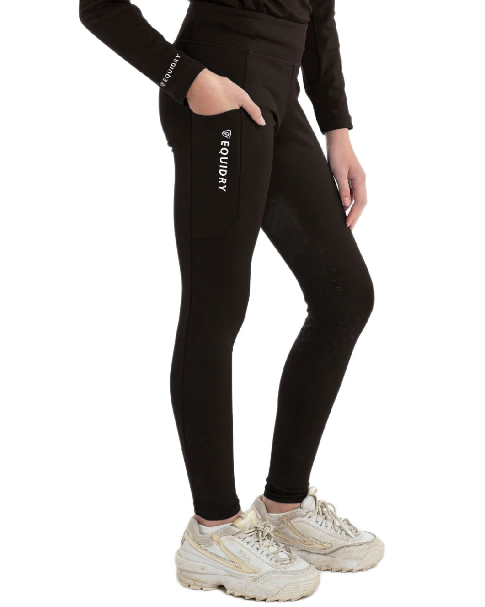 Brown White Coloured Equidry Childrens Water Repellent Full Seat Leggings on white background 