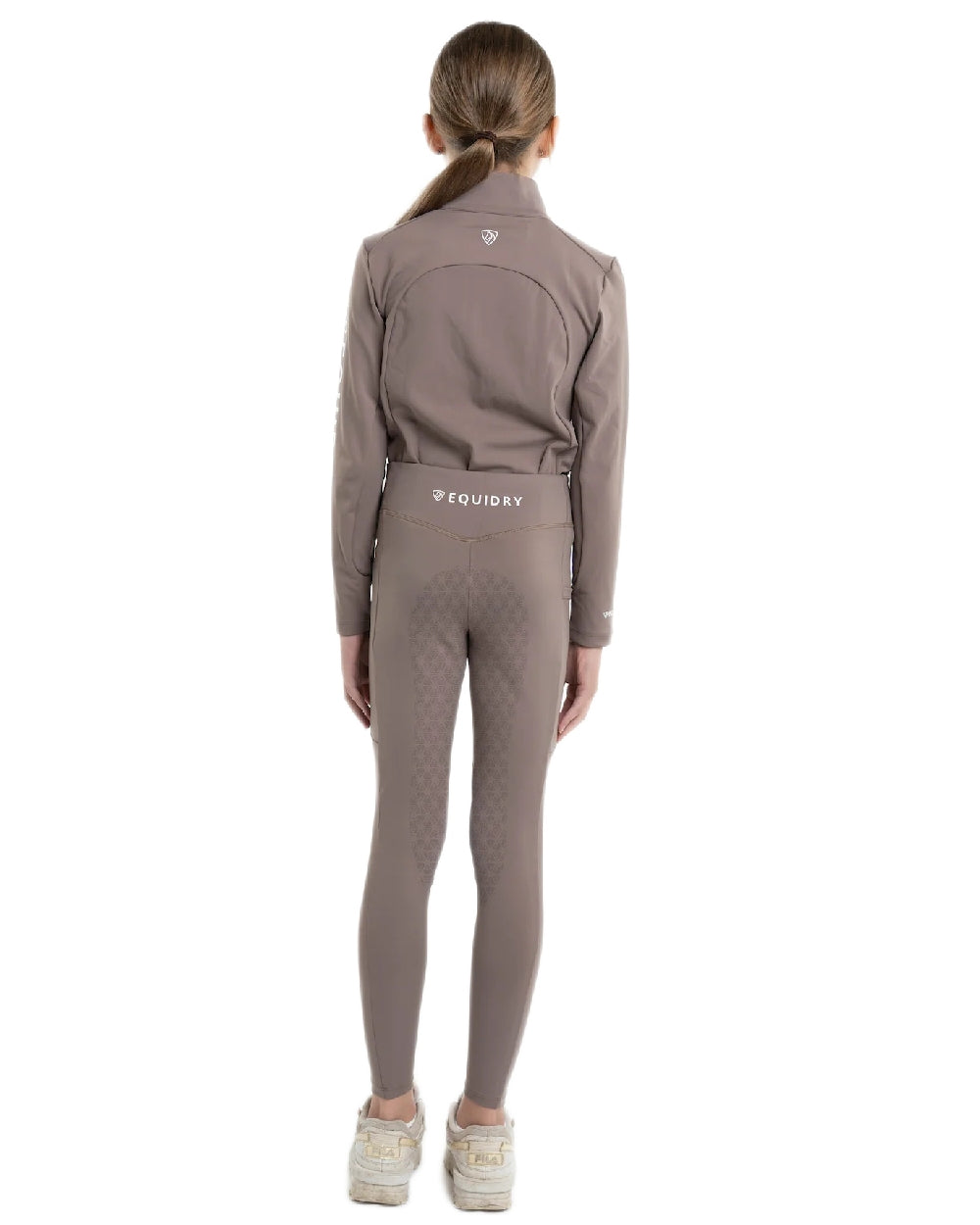 Mocha White Coloured Equidry Childrens Water Repellent Full Seat Leggings on white background 