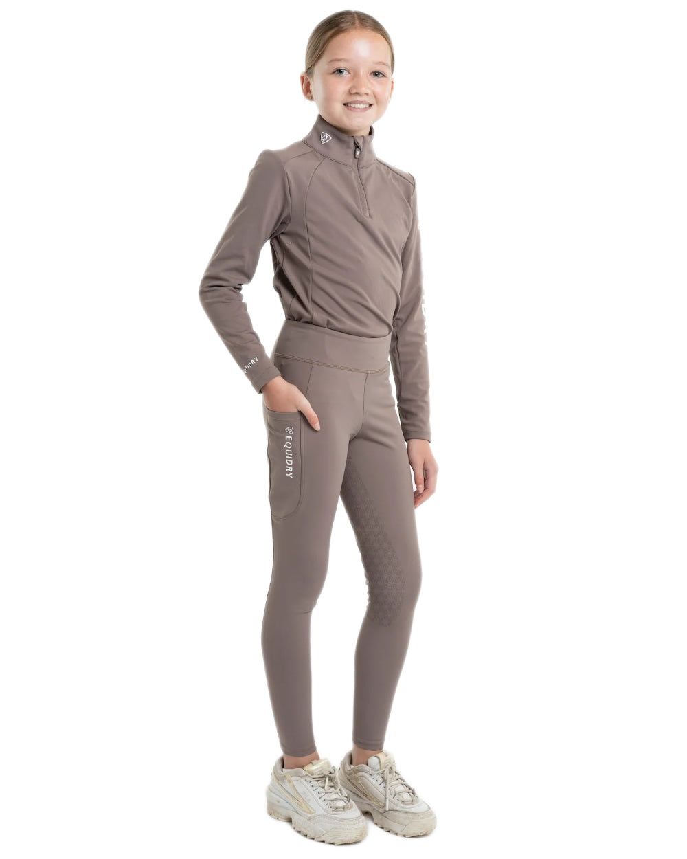 Mocha White Coloured Equidry Childrens Water Repellent Full Seat Leggings on white background 
