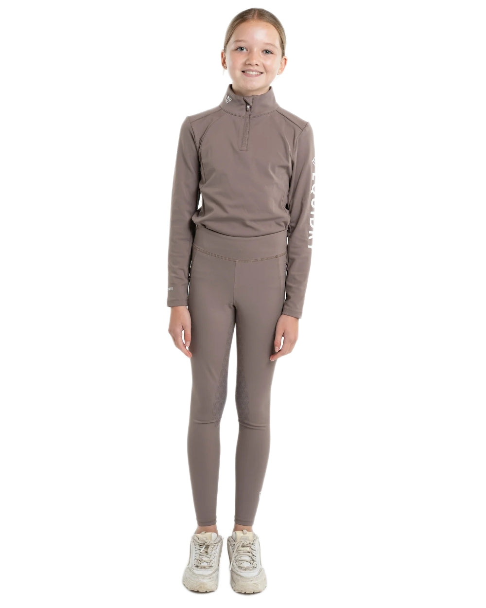 Mocha White Coloured Equidry Childrens Water Repellent Full Seat Leggings on white background 
