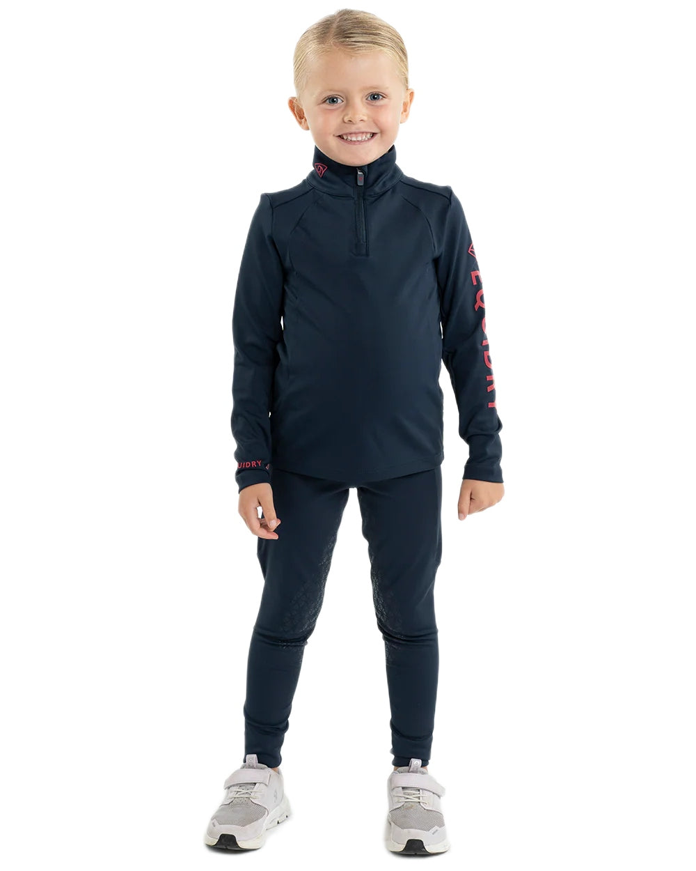 Navy Raspberry Coloured Equidry Childrens Water Repellent Full Seat Leggings on white background 