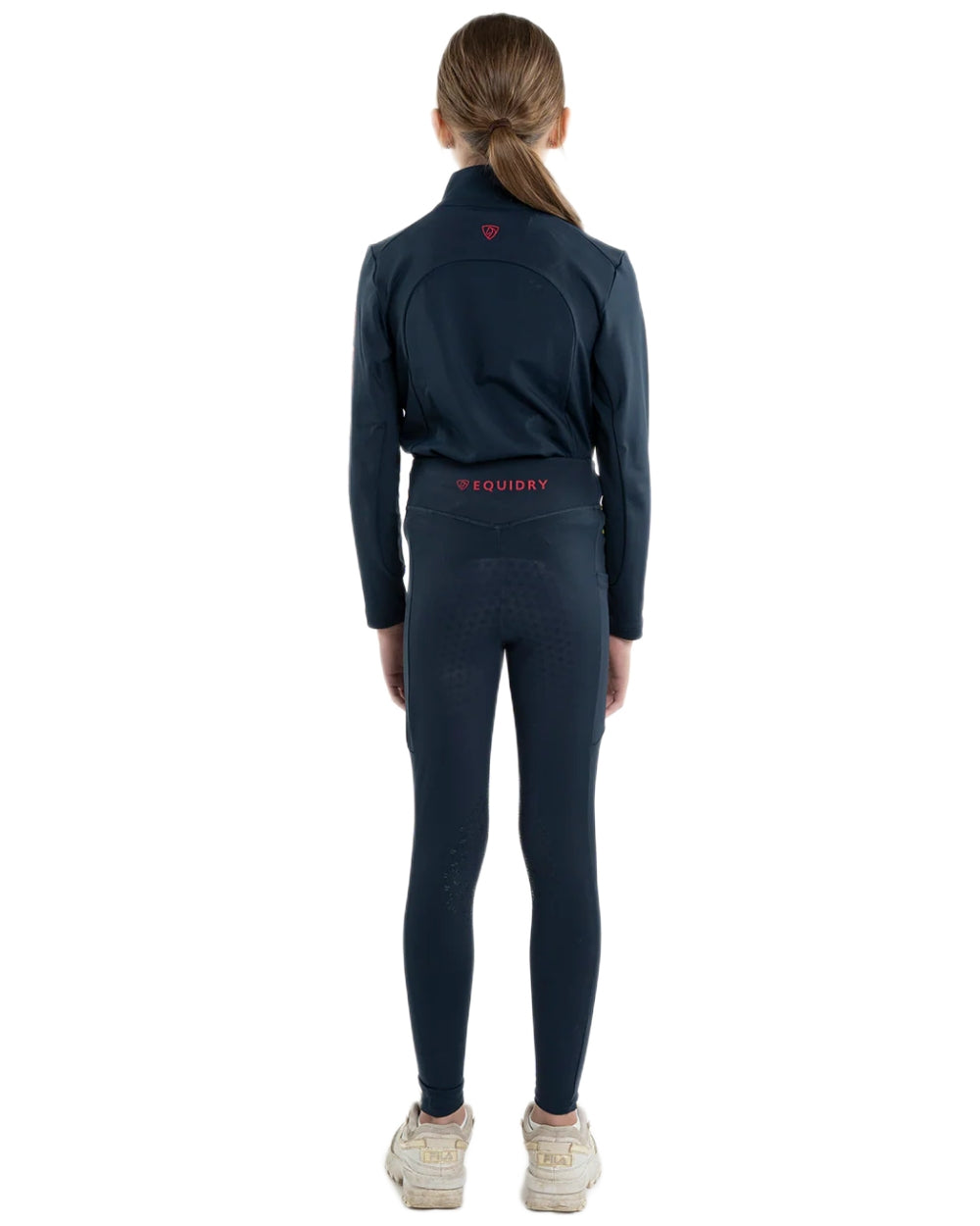 Navy Raspberry Coloured Equidry Childrens Water Repellent Full Seat Leggings on white background 