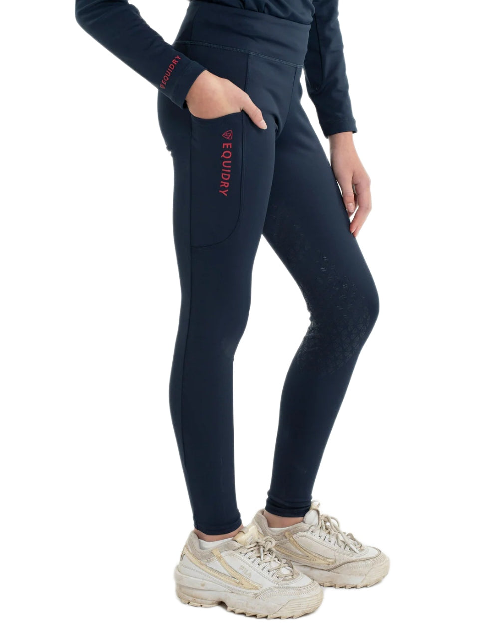 Navy Raspberry Coloured Equidry Childrens Water Repellent Full Seat Leggings on white background 