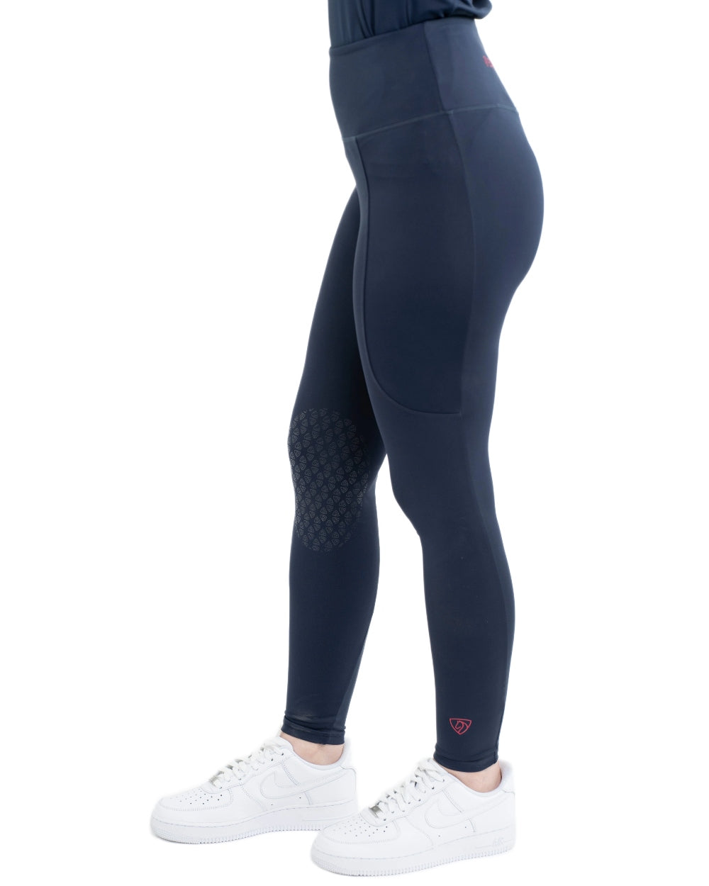 Navy Raspberry Coloured Equidry Childrens Water Repellent Full Seat Leggings on white background 