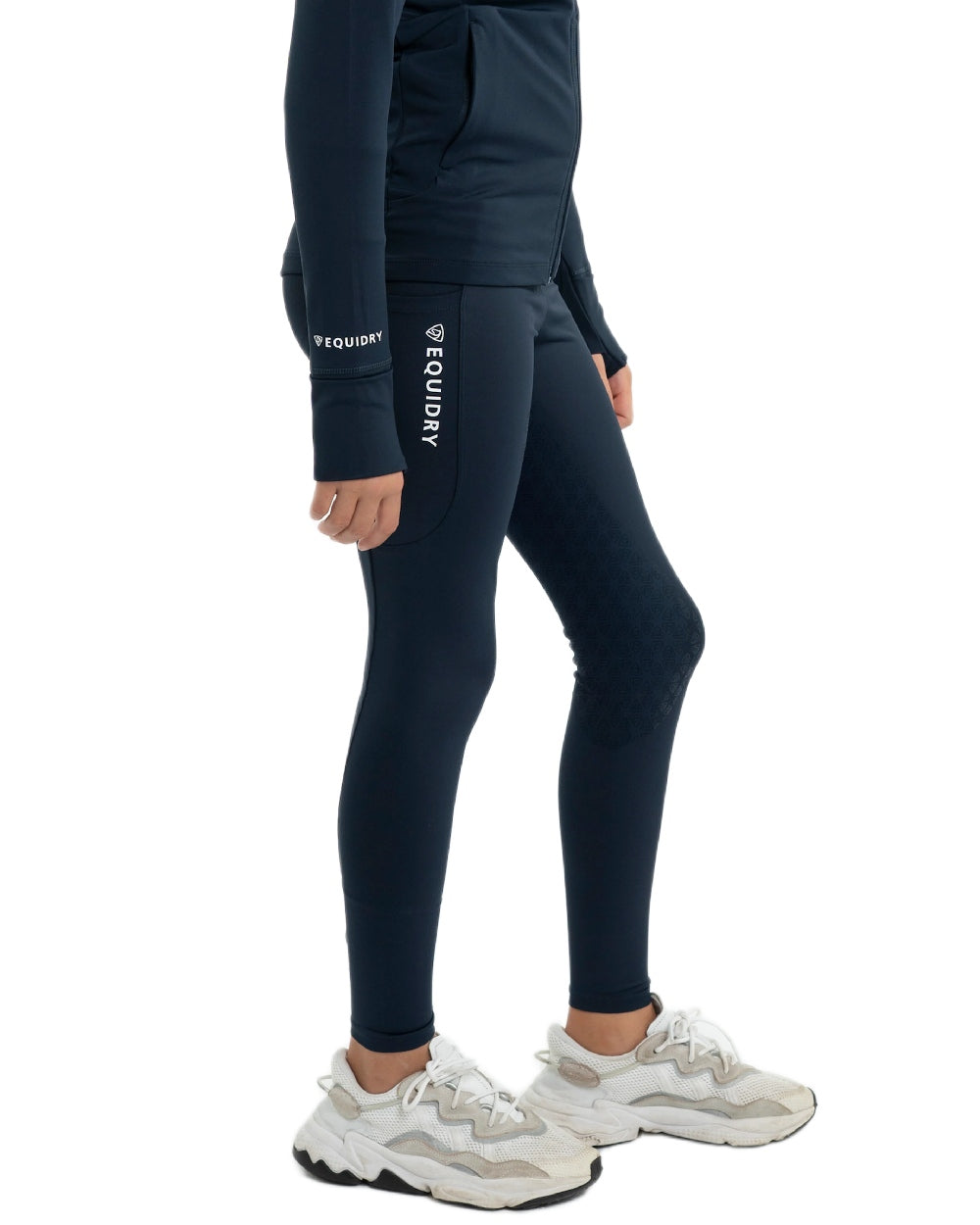 Navy White Coloured Equidry Childrens Water Repellent Full Seat Leggings on white background 
