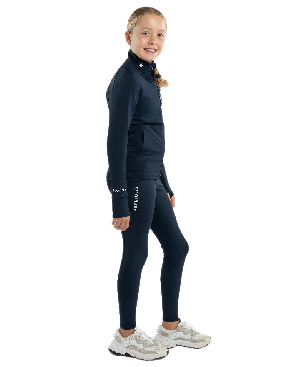 Navy White Coloured Equidry Childrens Water Repellent Full Seat Leggings on white background 