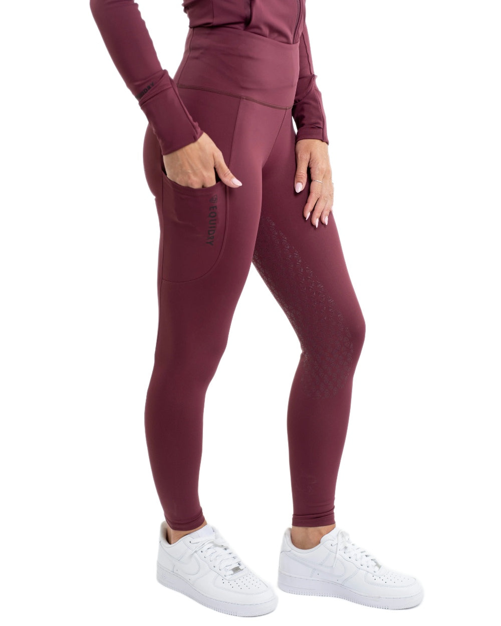 Plum Black Coloured Equidry Childrens Water Repellent Full Seat Leggings on white background 