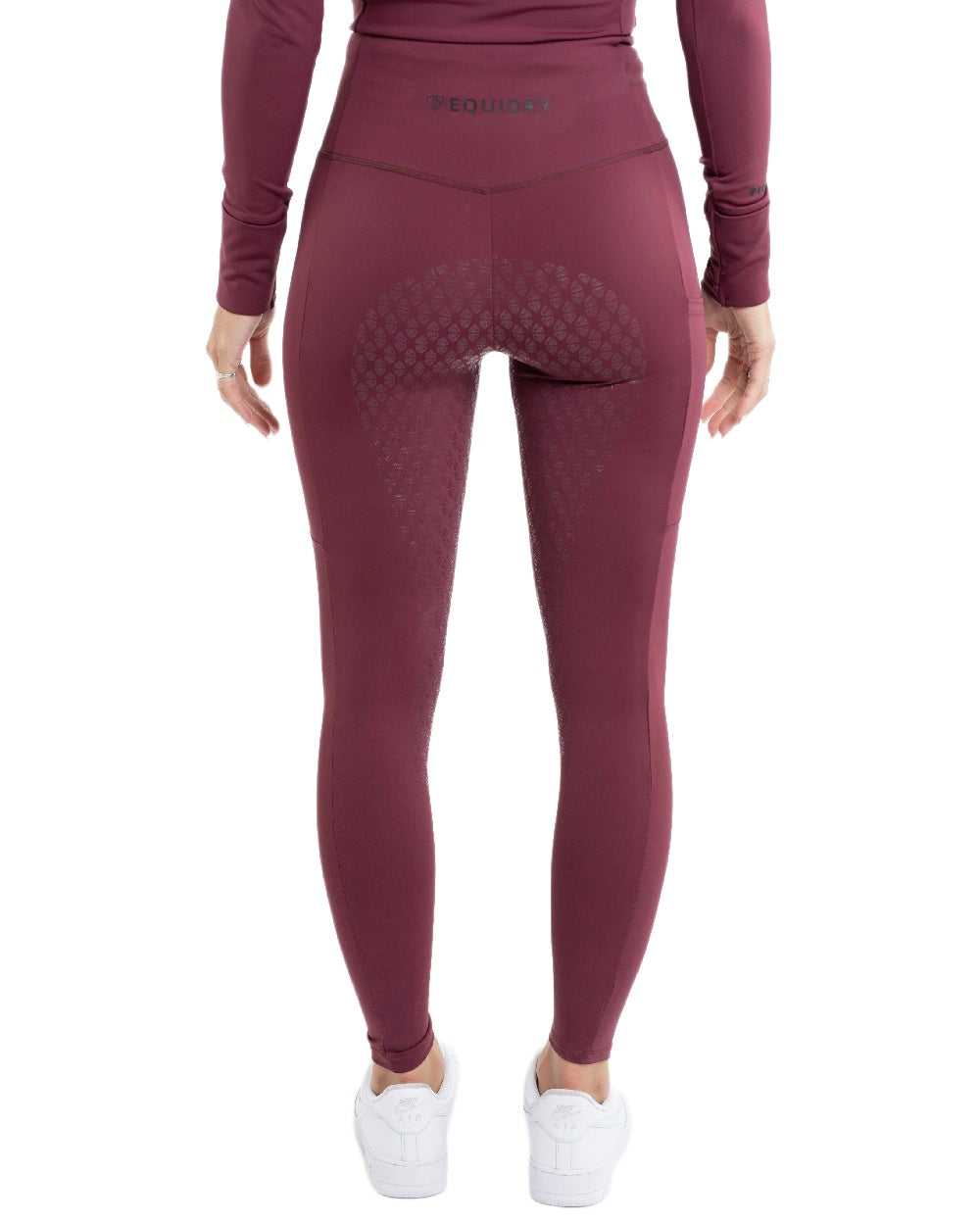 Plum Black Coloured Equidry Childrens Water Repellent Full Seat Leggings on white background 