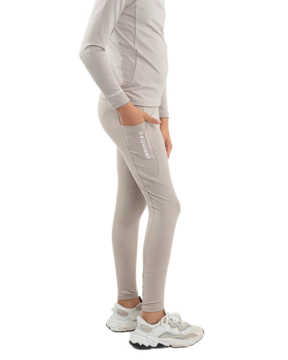 Sand White Coloured Equidry Childrens Water Repellent Full Seat Leggings on white background 