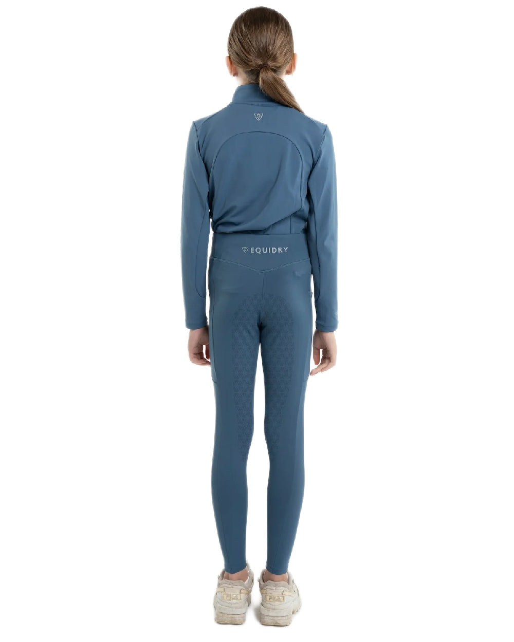 Steel Blue Silver Coloured Equidry Childrens Water Repellent Full Seat Leggings on white background 