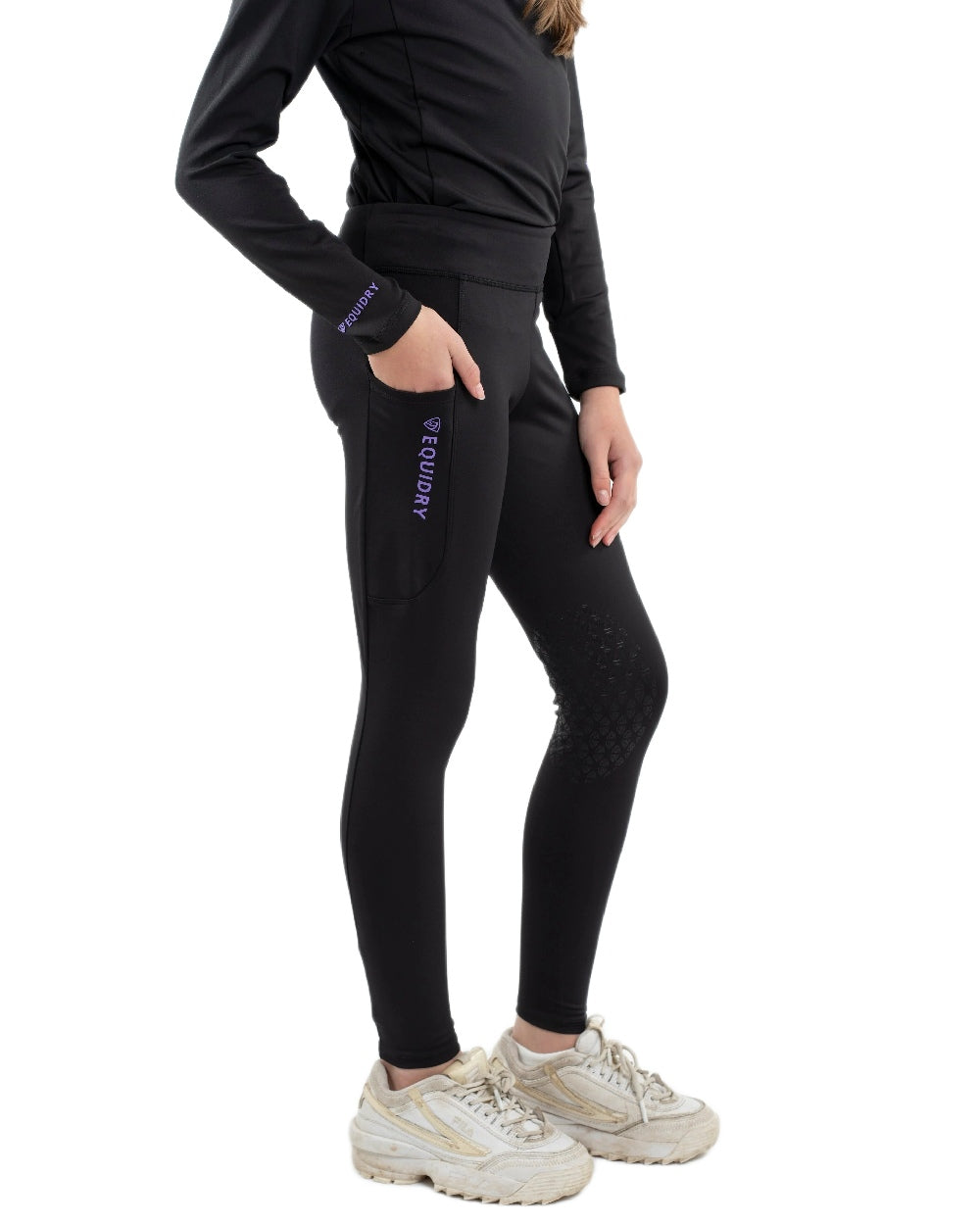 Black Lilac Coloured Equidry Childrens Water Repellent Knee Grip Leggings on white background 