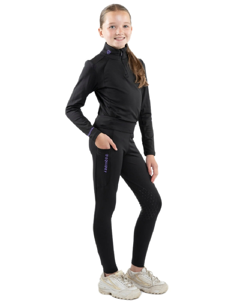 Black Lilac Coloured Equidry Childrens Water Repellent Knee Grip Leggings on white background 