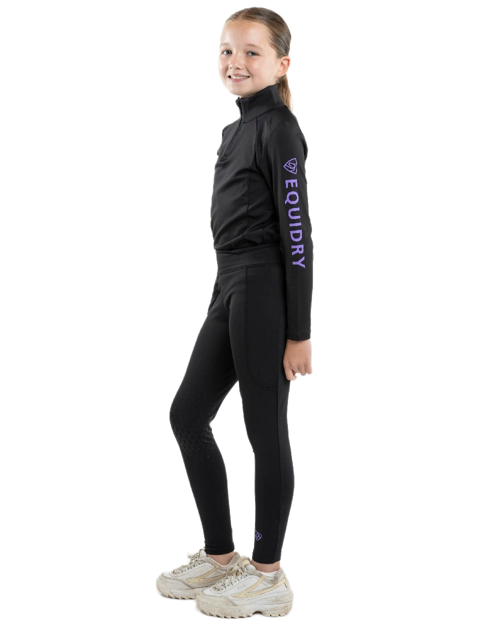 Black Lilac Coloured Equidry Childrens Water Repellent Knee Grip Leggings on white background 