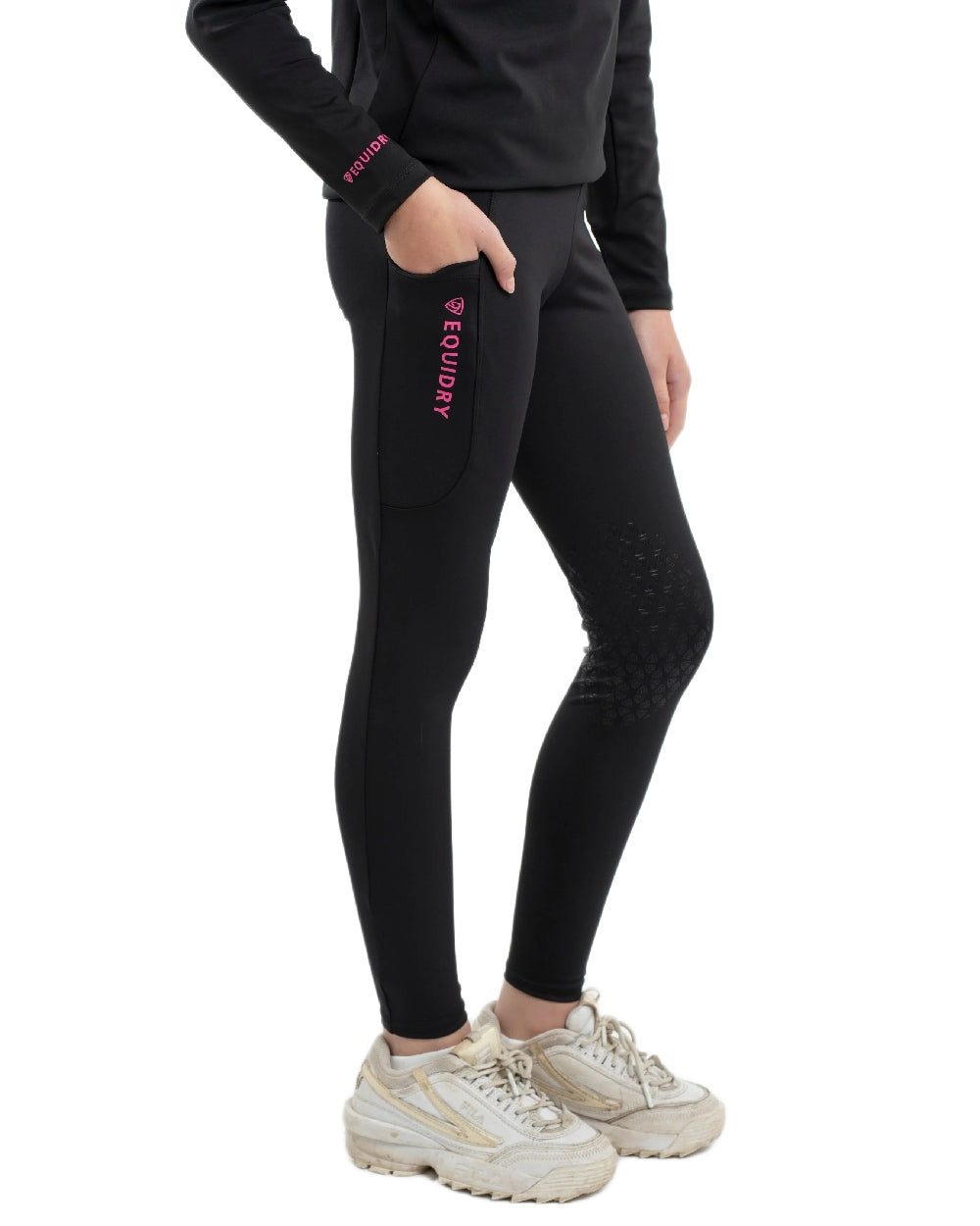 Black Peacock Pink Coloured Equidry Childrens Water Repellent Knee Grip Leggings on white background 