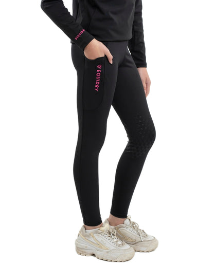 Black Peacock Pink Coloured Equidry Childrens Water Repellent Knee Grip Leggings on white background 
