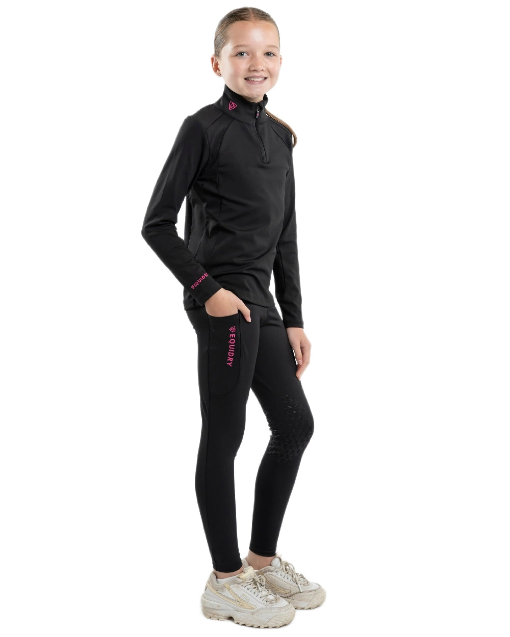Black Peacock Pink Coloured Equidry Childrens Water Repellent Knee Grip Leggings on white background 