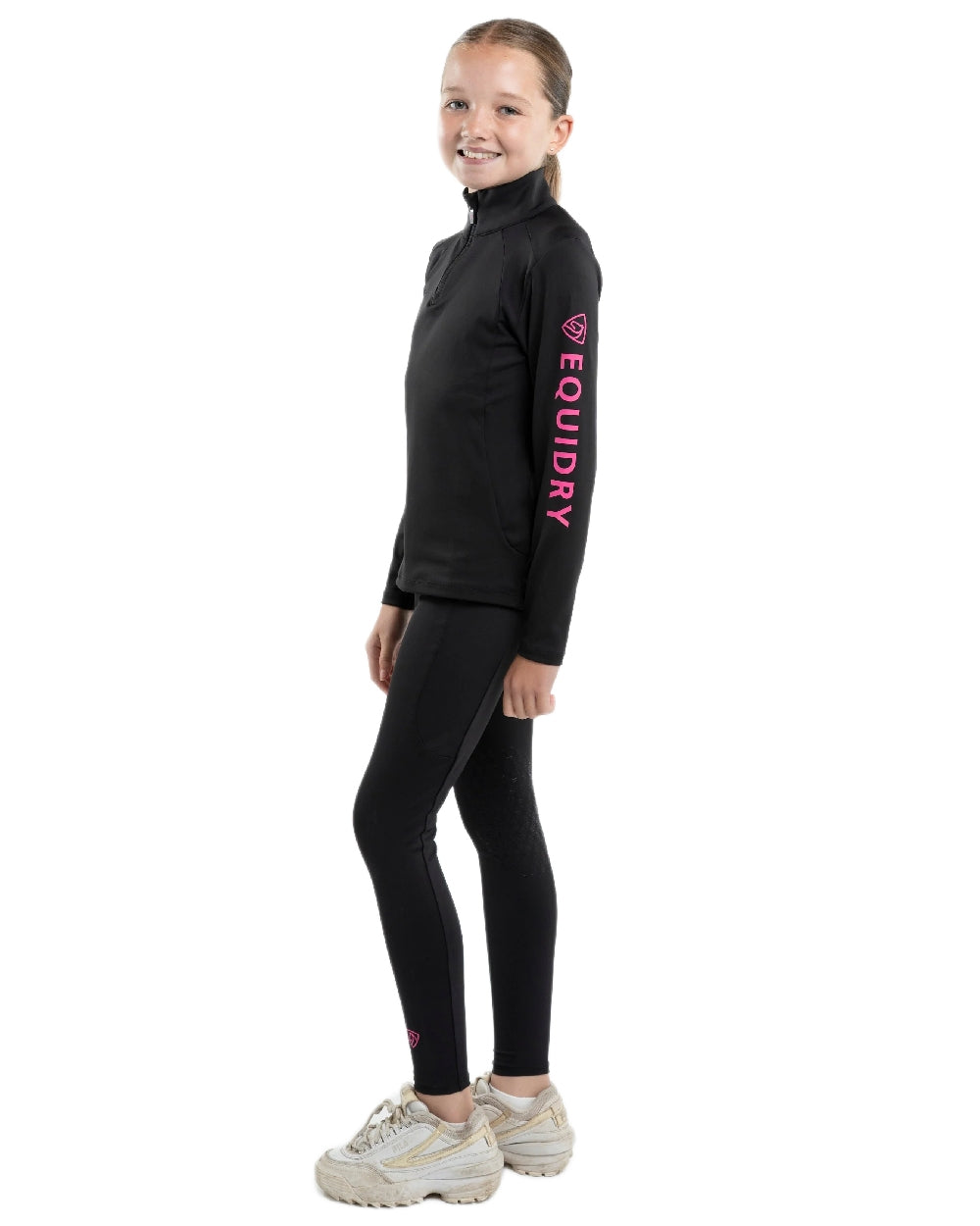 Black Peacock Pink Coloured Equidry Childrens Water Repellent Knee Grip Leggings on white background 