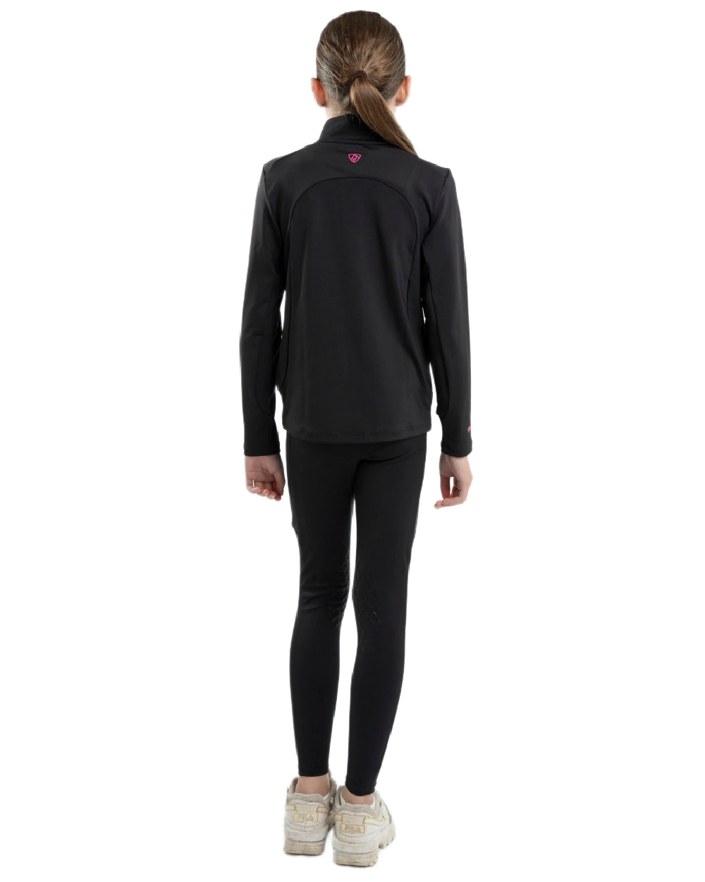 Black Peacock Pink Coloured Equidry Childrens Water Repellent Knee Grip Leggings on white background 