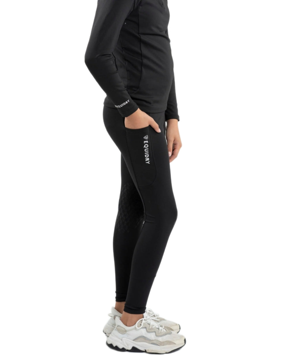 Black White Coloured Equidry Childrens Water Repellent Knee Grip Leggings on white background 