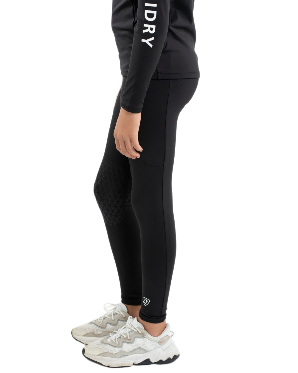 Black White Coloured Equidry Childrens Water Repellent Knee Grip Leggings on white background 