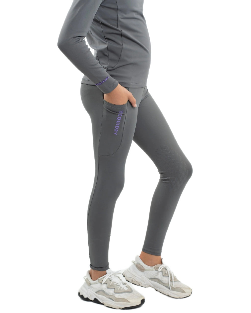 Grey Lilac Coloured Equidry Childrens Water Repellent Knee Grip Leggings on white background 