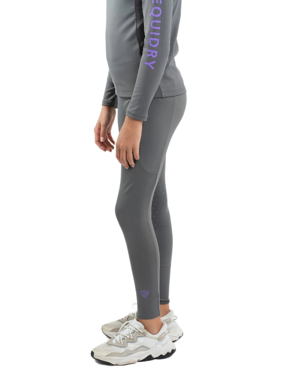 Grey Lilac Coloured Equidry Childrens Water Repellent Knee Grip Leggings on white background 