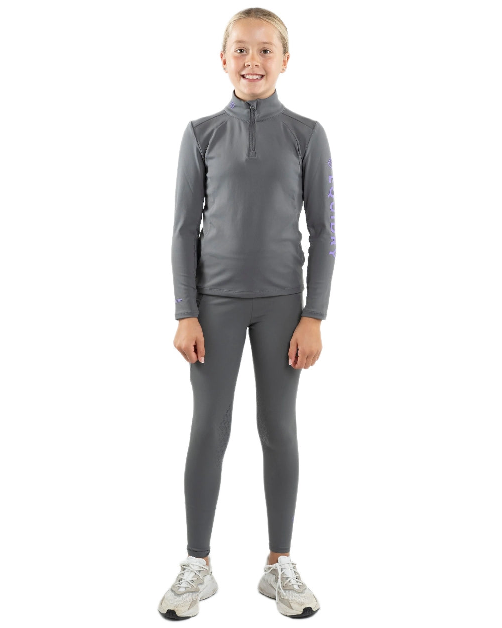 Grey Lilac Coloured Equidry Childrens Water Repellent Knee Grip Leggings on white background 