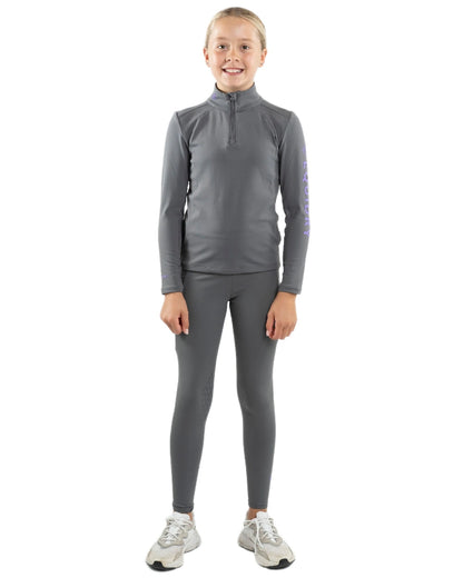 Grey Lilac Coloured Equidry Childrens Water Repellent Knee Grip Leggings on white background 