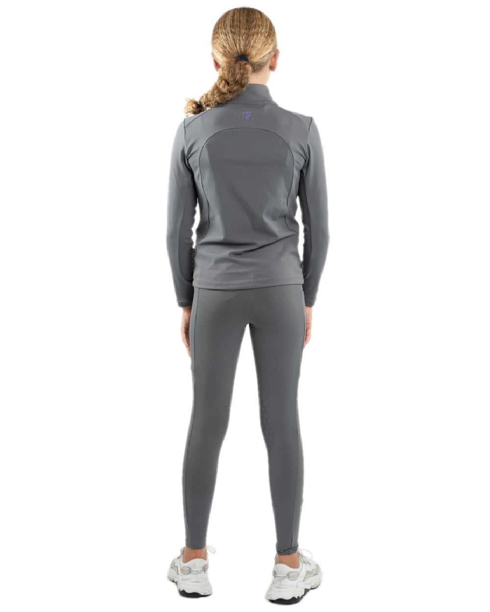 Grey Lilac Coloured Equidry Childrens Water Repellent Knee Grip Leggings on white background 
