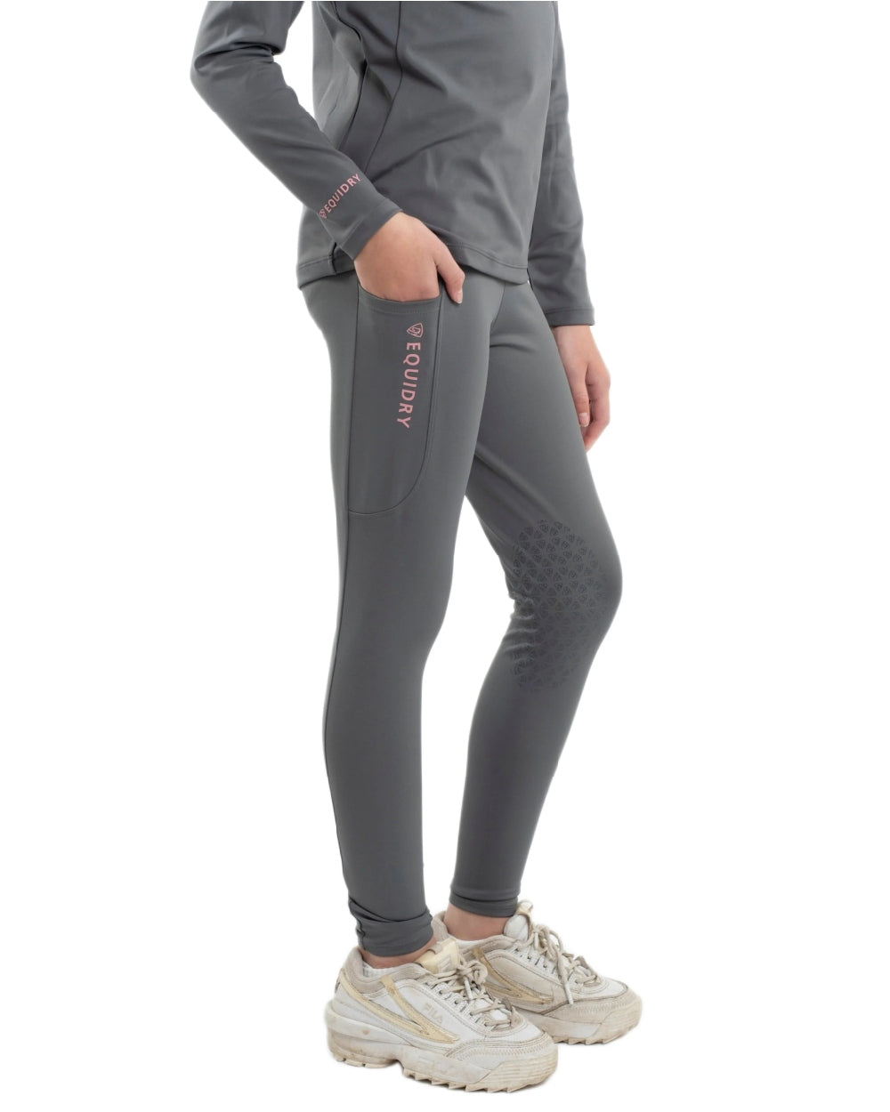 Grey Pale Pink Coloured Equidry Childrens Water Repellent Knee Grip Leggings on white background 